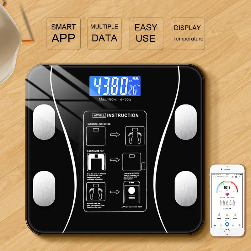 Smart Bluetooth Body Fat Scale – 8-Sensor Body Composition Analysis, 180kg Capacity, Tempered Glass, Black