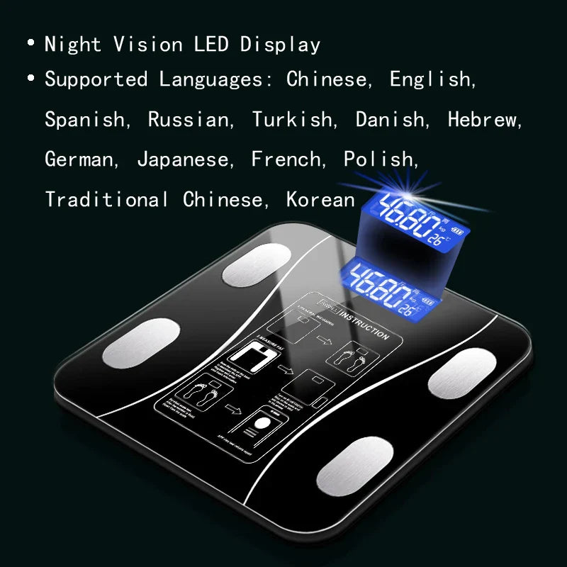 Smart Bluetooth Body Fat Scale – 8-Sensor Body Composition Analysis, 180kg Capacity, Tempered Glass, Black