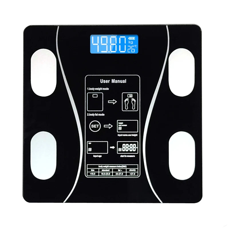Smart Bluetooth Body Fat Scale – 8-Sensor Body Composition Analysis, 180kg Capacity, Tempered Glass, Black