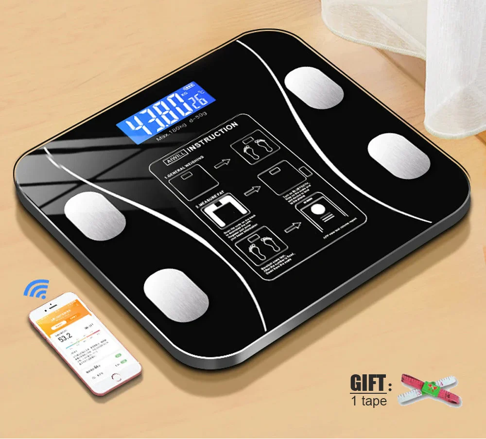 Smart Bluetooth Body Fat Scale – 8-Sensor Body Composition Analysis, 180kg Capacity, Tempered Glass, Black